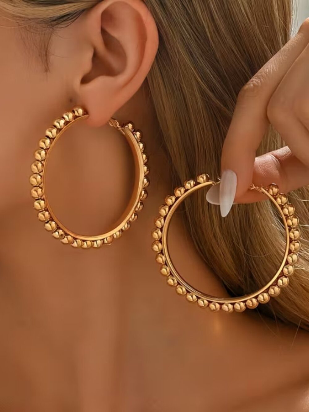 14K Gold Womens Large Beaded Hoop Earrings Jewelry 14 Karat Silver New Jewelry